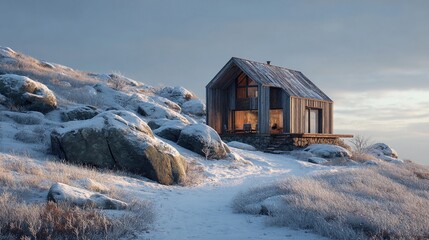 Fototapeta premium Cozy wooden cabin nestled on a snowy mountainside, bathed in the soft morning light