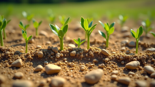 Green sprouts growing through stratified alluvial soil in dry riverbed, showing nature's adaptation to layered earth.