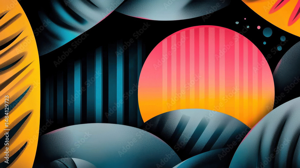 Poster abstract geometric composition featu vibrant sunset colors with spherical shapes and linear patterns