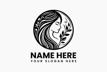 Serene profile of a woman with long, flowing hair merging with stylized leaves and branches within a circular border vector logo. Beauty concept