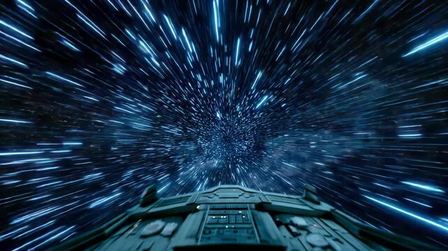 Spaceship traveling through starfield with bright blue light streaks space travel starfield light