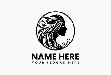 Elegant circular vector logo of serene woman's profile with flowing hair transforming into stylized leaves and branches. Natural beauty concept  