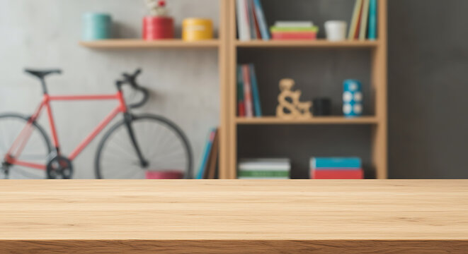 Wooden Tabletop; Blurred Home Interior with Bicycle & Bookshelf