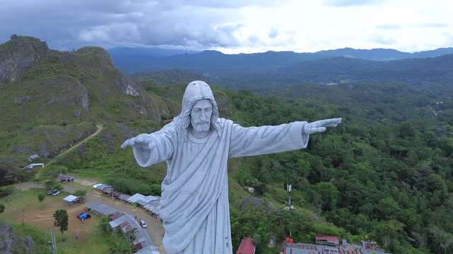 Aerial View of Jesus Buntu Burake Statue in Toraja Highlands, Indonesia