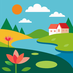 Naklejka premium Water pond or river bank with water lily leaves. Horizontal village nature vector landscape background.