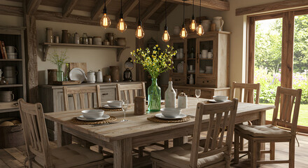 Rustic Dining Space With Timber Tableware and Natural Light From Large Window