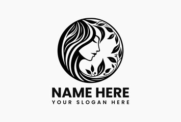 Minimalist circular logo featuring calm female profile with hair becoming botanical elements in continuous flow. Holistic beauty concept  