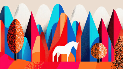 Obraz premium Abstract colorful geometric landscape with stylized trees mountains and a white horse in a vibrant modern art style perfect for creative design projects