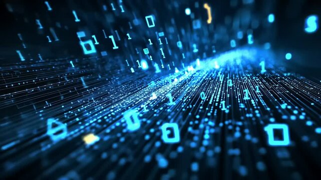 Abstract representation of data flow with blue light trails and binary code in a digital environment
