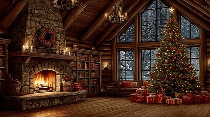 Obraz premium Cozy Christmas Cabin Fireside with Tree, and Snowfall.