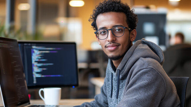 Ethiopian developer with glasses coding in a modern shared office environment. African man developer.