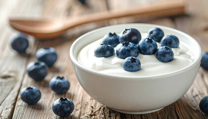 Bowl of creamy yogurt topped with fresh blueberries sits on rustic wooden table, creating healthy and inviting snack