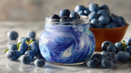 Jar of vibrant blue and white swirled yogurt topped with fresh blueberries sits on marble surface
