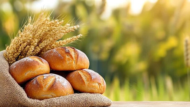 Rustic bread loaves with golden wheat in burlap sack on table