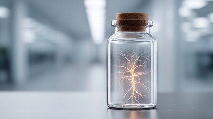 Neuron in Glass Jar. Science Concept. Medical Research. Abstract Brain.