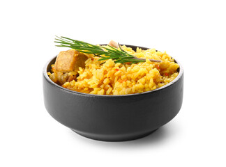 Bowl of tasty pilaf with rosemary on white background