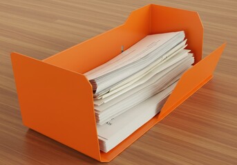 A bright container holding a stack of documents on a wooden textured table