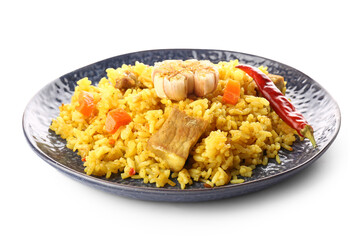 Plate of tasty pilaf with garlic and chili pepper on white background
