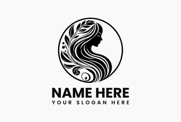 Stylized feminine vector logo with serene woman's profile and hair morphing into decorative leaves within circular frame. Beauty brand concept  