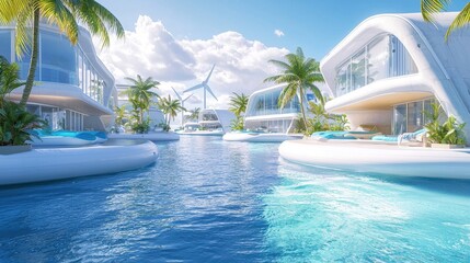 Fototapeta premium Sustainable Island Resort: Eco-Friendly Architecture, Renewable Energy, Tropical Vacation