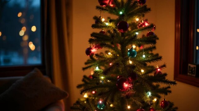 Christmas tree decorated with colorful balls and luminous garlands stands in a room