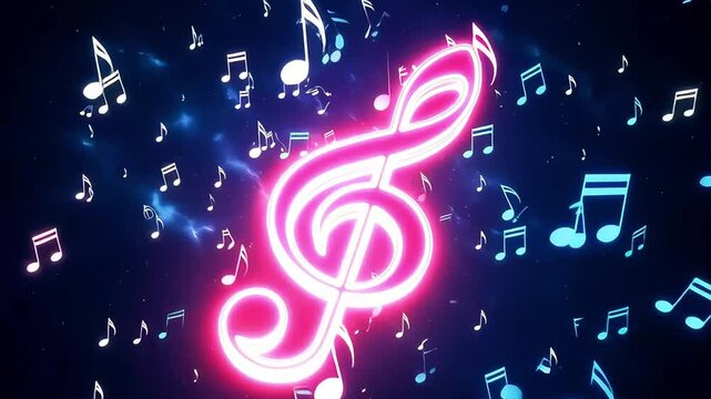 Glowing neon treble clef with musical notes background. Perfect for music, audio, and entertainment projects.