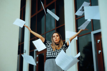 Office Worker Throwing Paperwork Quitting her Job. Lady happy to get rid of her job then throws all...