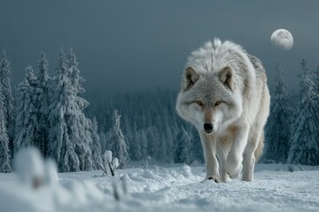Obraz premium Majestic Arctic Wolf Walking in Snowy Winter Forest at Night