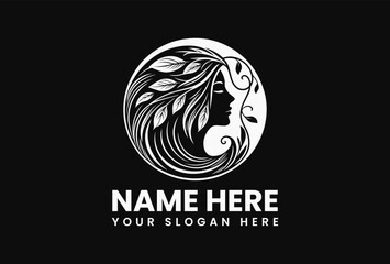 Graceful circular vector design of meditative woman's face with long hair blending into nature-inspired leaf patterns. Wellness beauty concept  