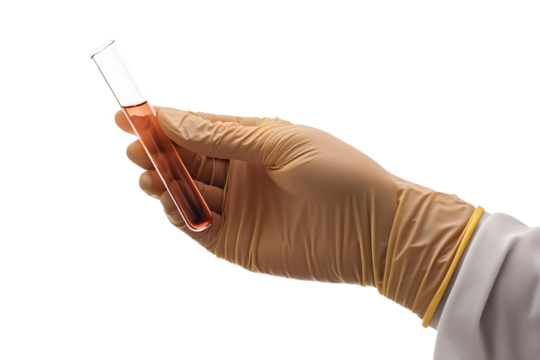 Gloved Hand Holding Test Tube with Red Liquid Chemistry Experiment
