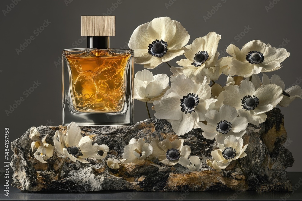 Poster elegant perfume bottle displayed on a rustic wooden surface.
