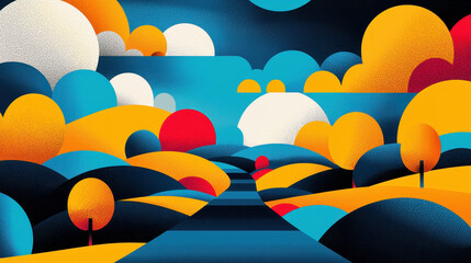 Fototapeta premium Abstract landscape with vibrant colorful clouds and rolling hills in a modern minimalistic art style with bold shapes and a bright sky background