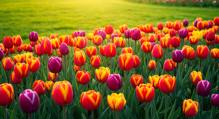 Vibrant Spring Tulips in a Lush Green Field
