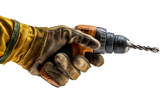 Closeup of Gloved Hand Holding an Electric Drill with Drill Bit