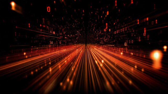 Glowing digital data stream with binary code and light streaks in dark space