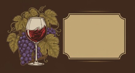 Vintage wine label design with glass of red wine and purple grapes. Decorative frame for custom text. Elegant menu template for winery, restaurant, or Wine Appreciation Day