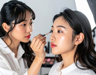 メイクアップアーティストがモデルにアイライナーを施術する風景