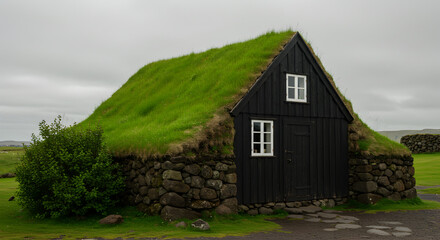 Obraz premium Picturesque Icelandic Turf House with Green Roof and Traditional Architecture