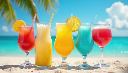 Obraz premium Group of vibrant colored cocktails on a sunny beach , lime, tropical