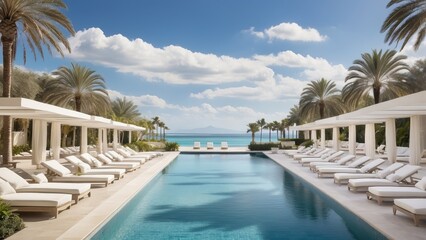 Fototapeta premium Elegant Poolside Resort with Tropical Vibes and Lounge Area