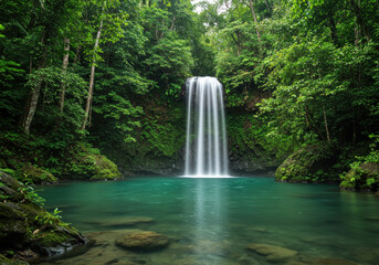 Waterfall cascading through lush jungle foliage.