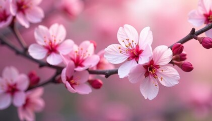 Fototapeta premium Vibrant pink and white sakura blossoms, full bloom, close-up detail , spring background, bloom, sakura macro