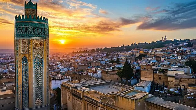Sunset over Fes, Morocco, showcasing vibrant cityscape and historical architecture in evening light