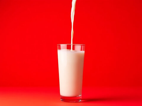 Vibrant red background with milk pouring into glass - refreshing beverage close-up photography