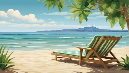 Striped Beach Chair with Sun Hat on Sandy Shore &ndash; Peaceful Oceanfront Vacation Scene