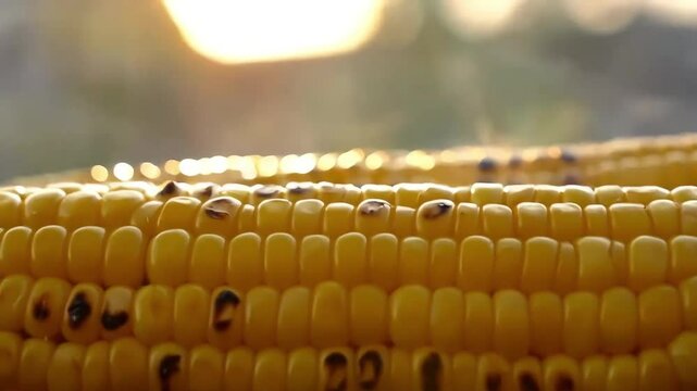 Close-up of grilled corn on the cob, sunlit kernels, charred details, summer harvest, food photography.