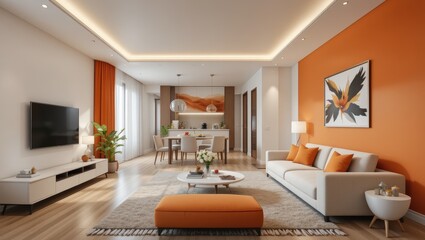 Fototapeta premium Modern Open Living Room and Dining Area with Orange Accent Wall and Stylish Furnishings