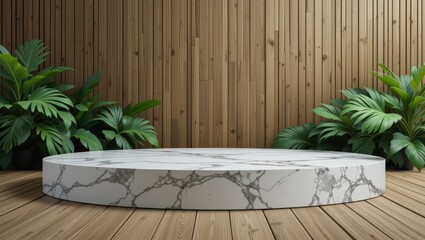 Obraz premium Modern Round Marble Display Platform Surrounded by Lush Green Plants in a Wooden Interior
