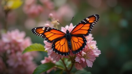 Naklejka premium Orange Butterfly Resting on Delicate Pink Flowers in a Serene Garden Setting