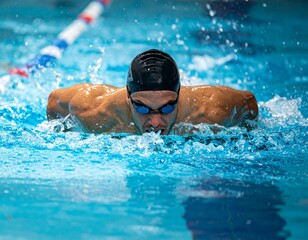 バタフライで力強く泳ぐ水泳選手